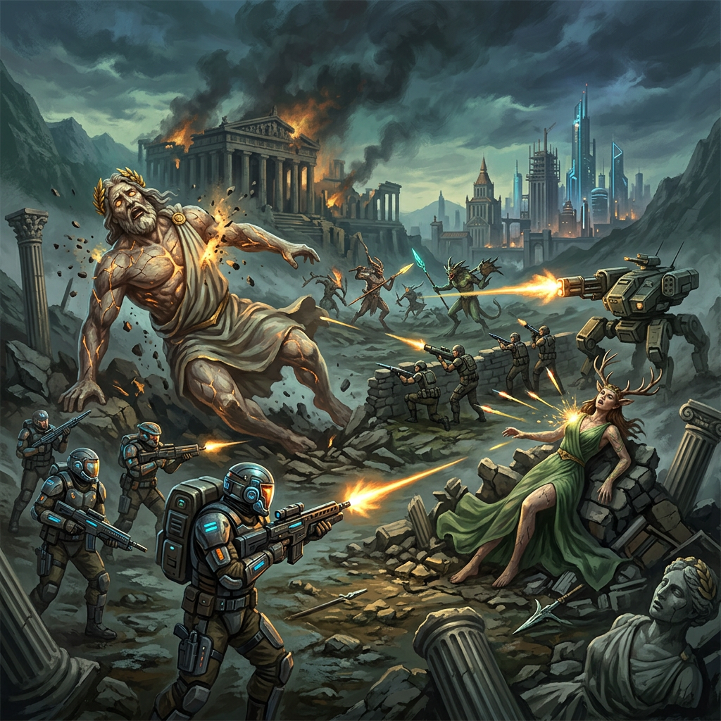 Armored soldiers battle mythological figures among burning ancient ruins and futuristic towers