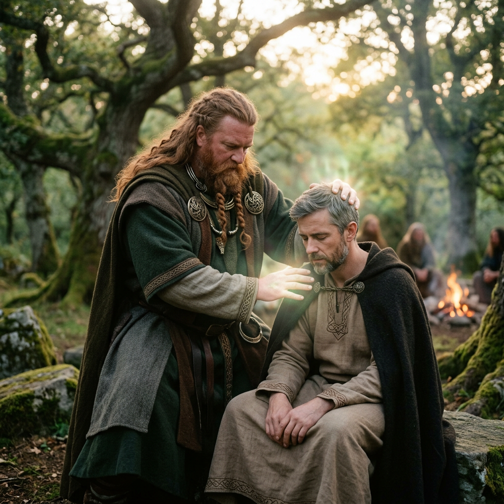 A robed guide places his hands on a seated man in a forest ritual