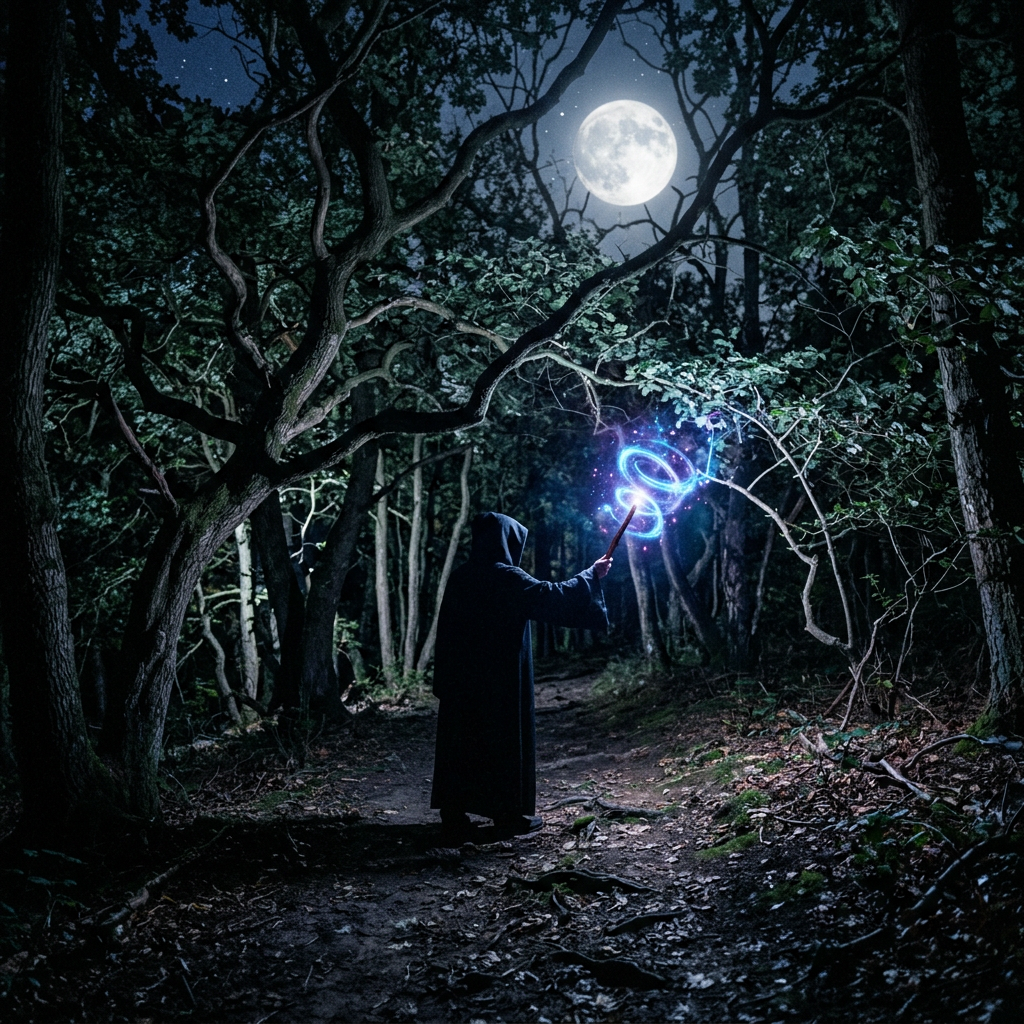 Hooded figure casting glowing magic beneath a full moon in a forest
