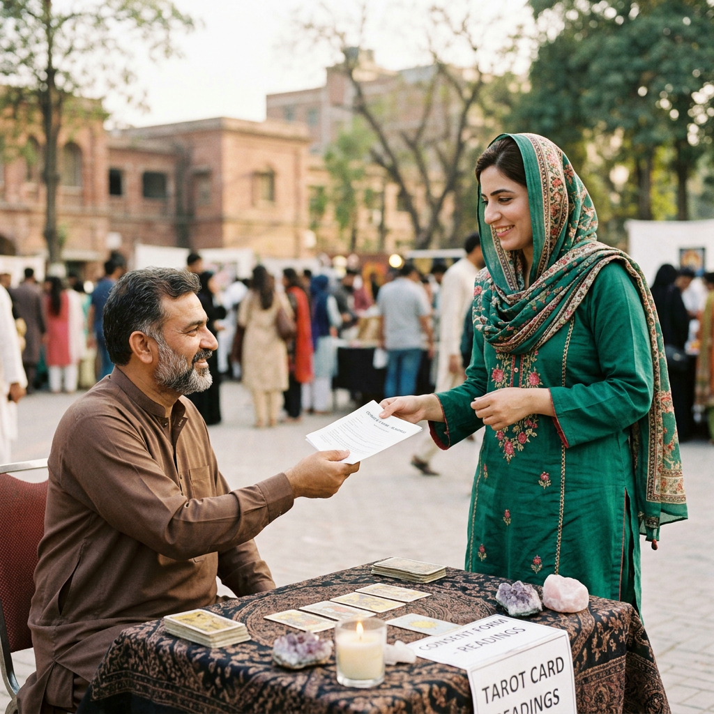Woman offering tarot reading to seated man; signs read “TAROT CARD READINGS” and “PRIVATE READINGS.”