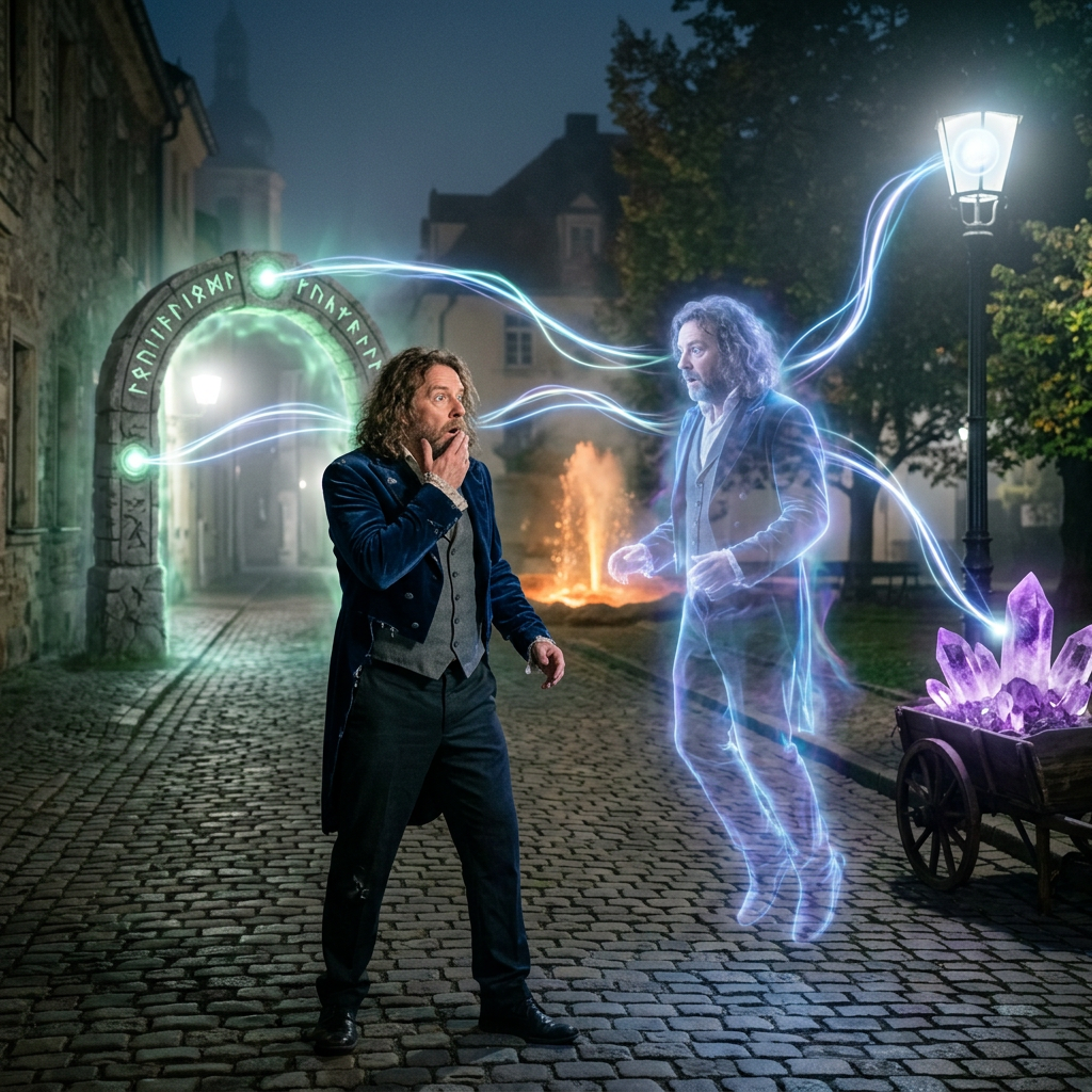 Startled man facing a glowing spirit in a magical cobblestone alley