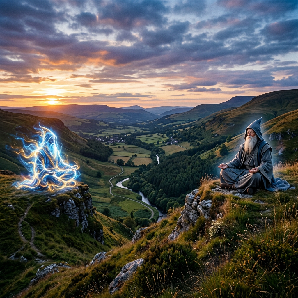 Robed elder meditating beside a glowing blue spirit above a mountain valley