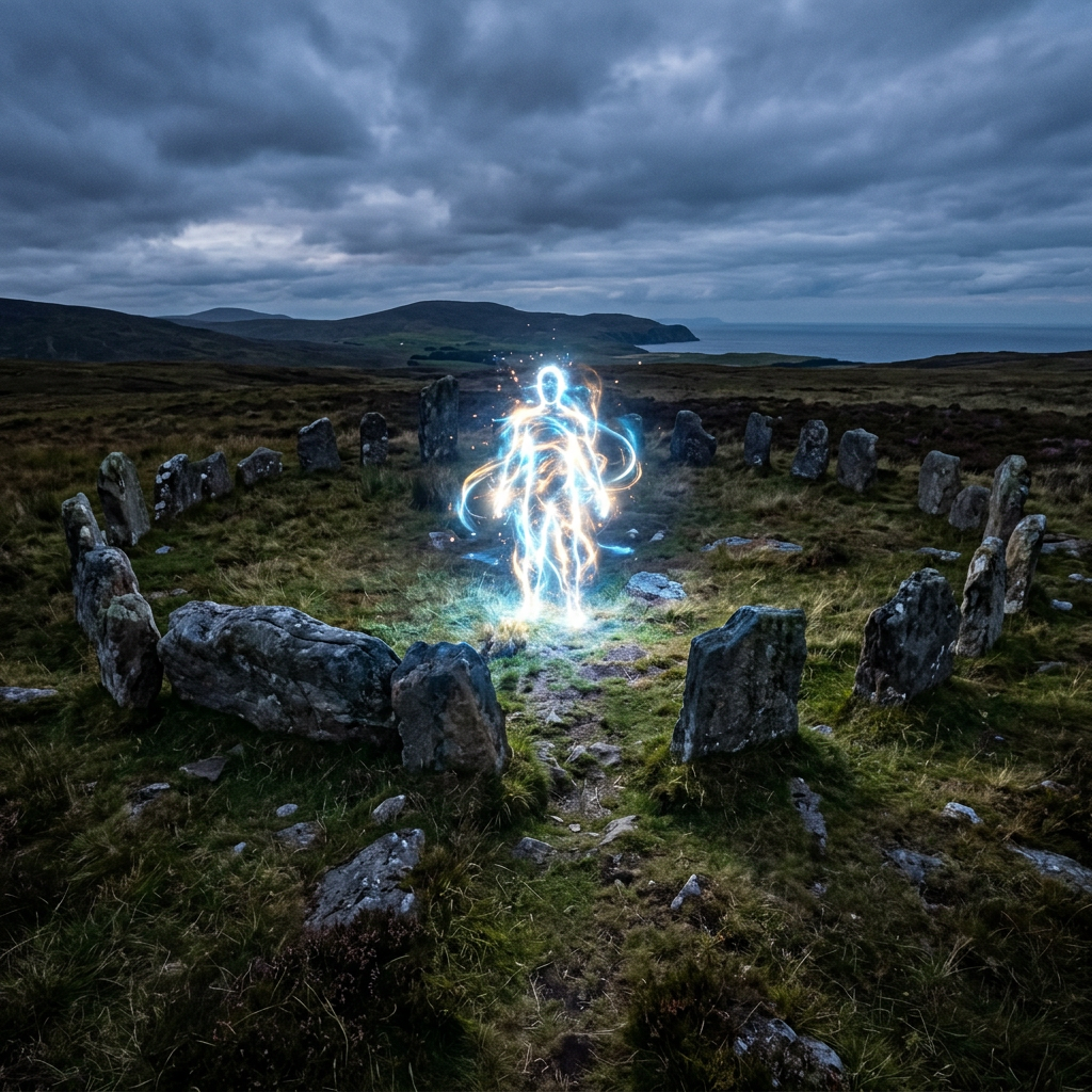 Glowing human figure standing inside an ancient stone circle by the coast