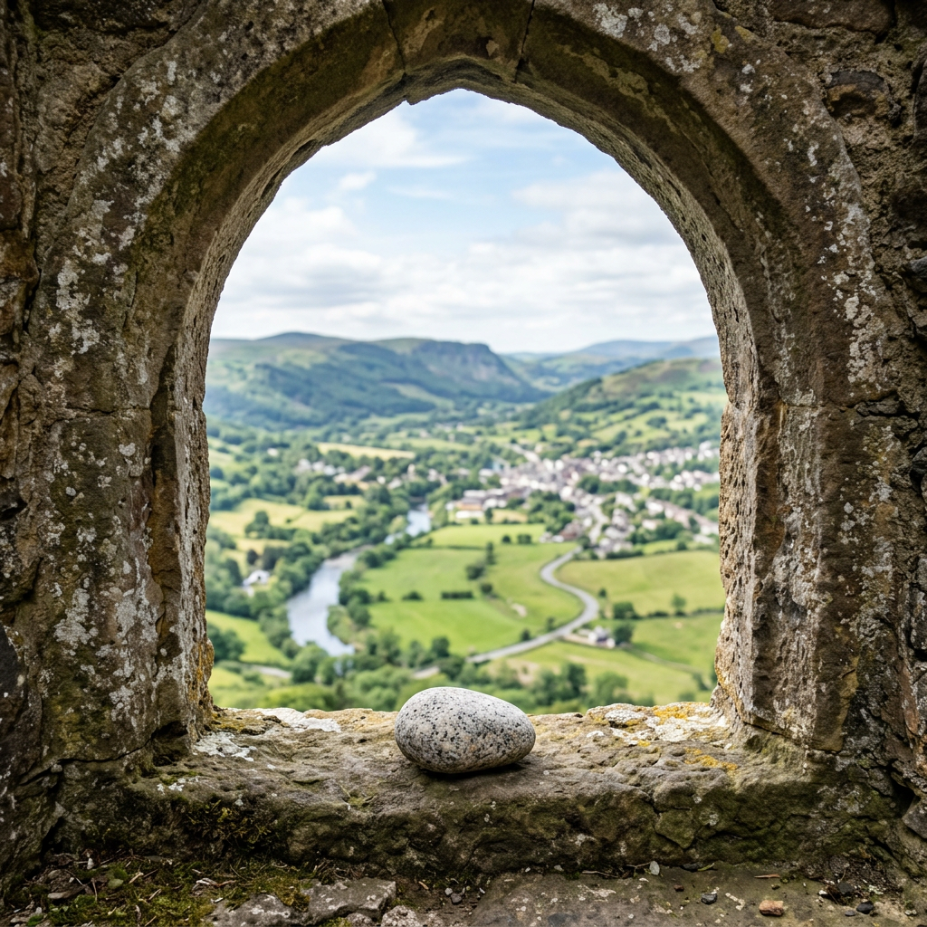 Stone arch window framing a green valley, river, village, and hills