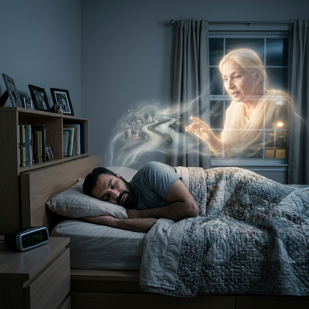 Sleeping man beneath quilt with glowing woman apparition overhead
