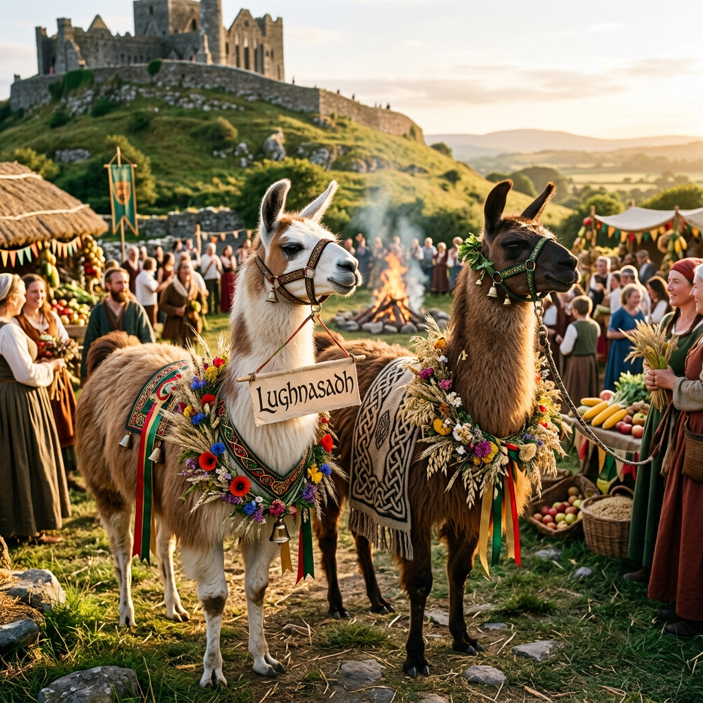 Two decorated llamas at a Lughnasadh harvest festival beneath a hilltop castle