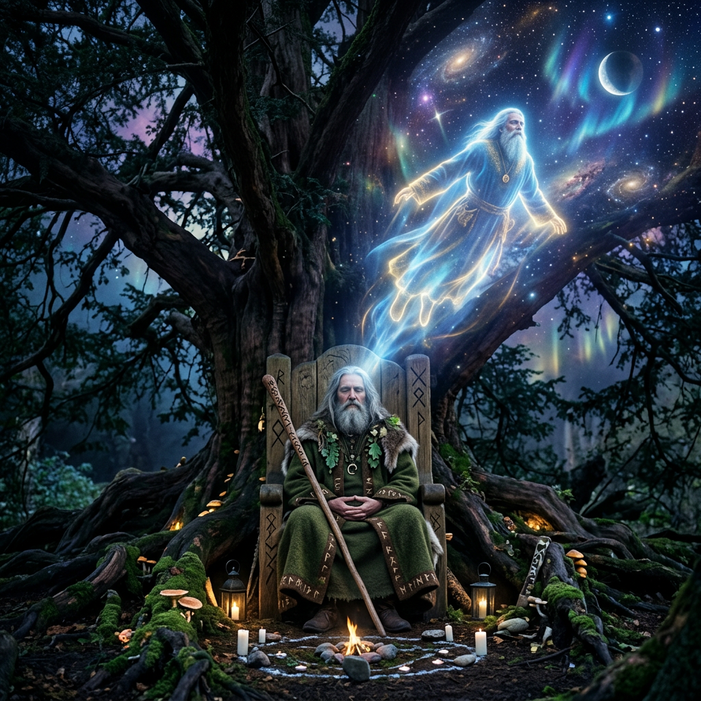 Druid meditating beneath ancient yew tree