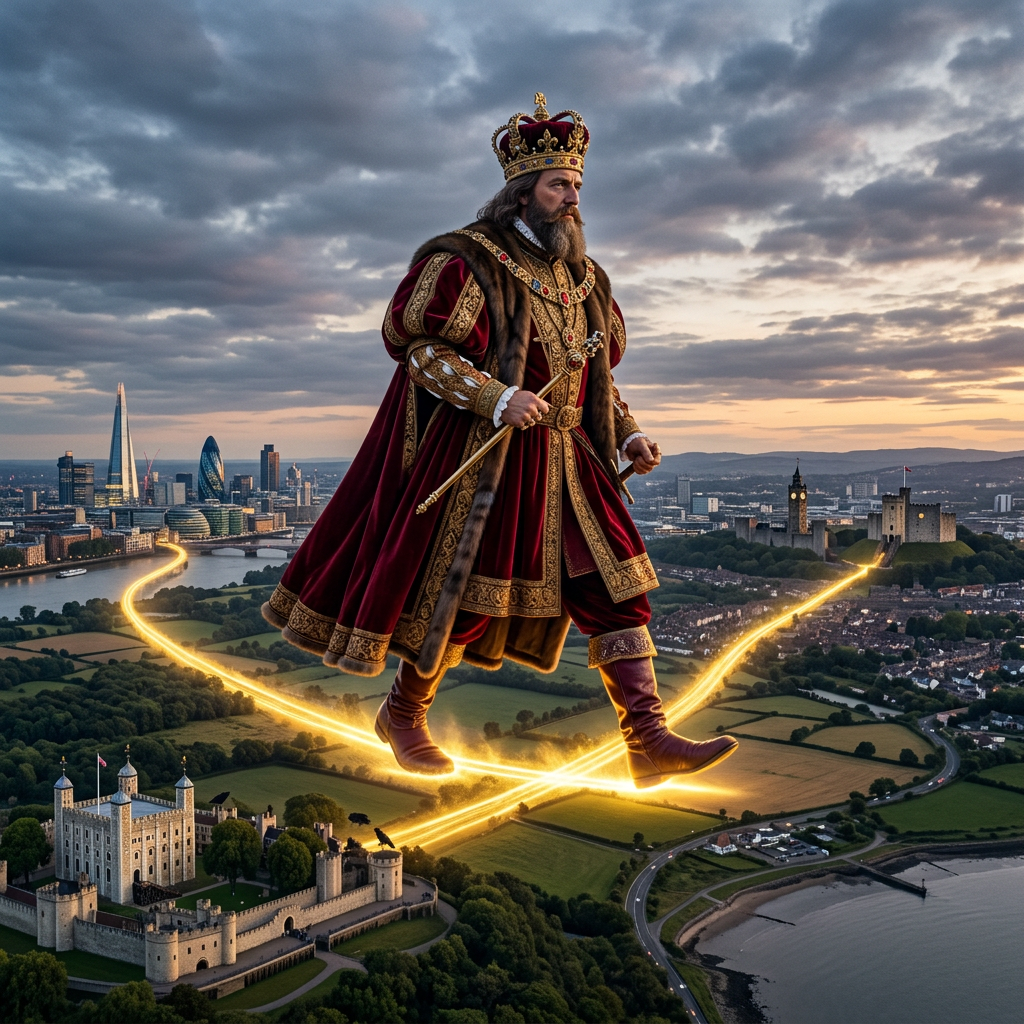 Crowned monarch walking above glowing paths between London landmarks and historic castles